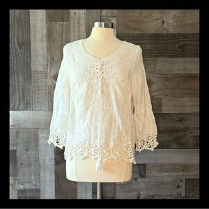 Raga white tunic top medium boho floral embroidery feminine crochet resortwear